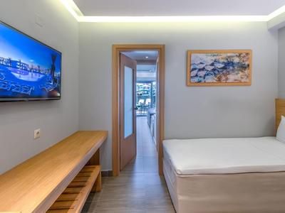Modernes Hotelzimmer mit Einzelbett, Wandbild, TV und Blick in einen Flur mit Tageslicht.