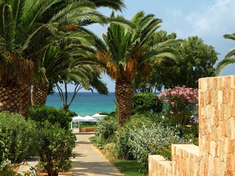 Ścieżka otoczona palmami i zielonymi krzewami prowadząca do plaży z parasolami.