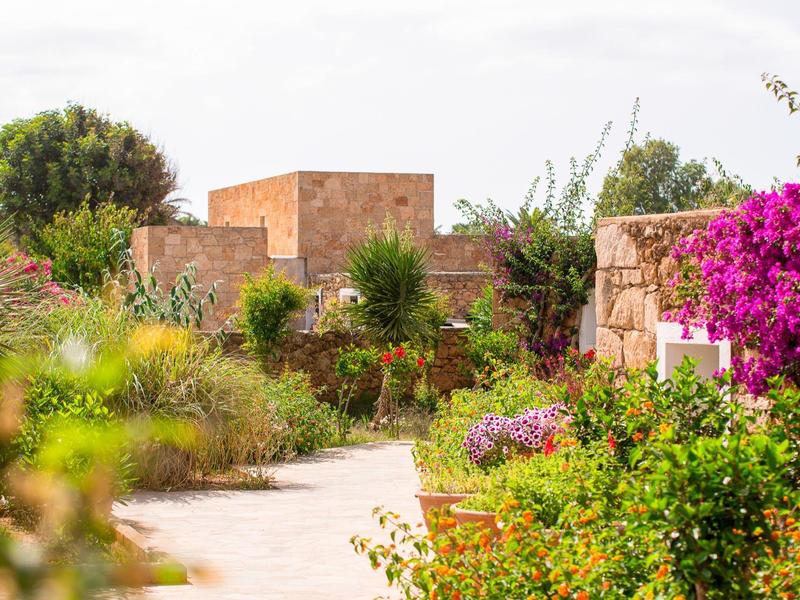 Ścieżka ogrodowa z bujną zielenią i fioletowymi kwiatami obok beżowych budynków z kamienia.