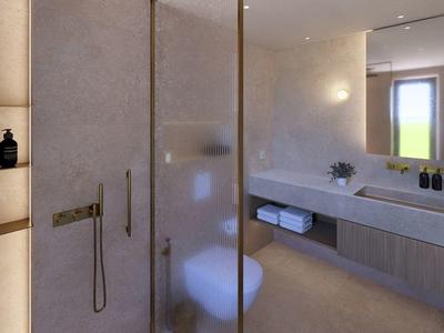 Moderne badkamer met douche, toilet, wastafel en verlichte plank