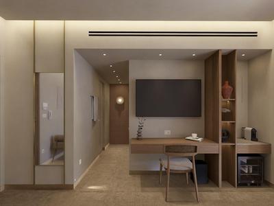 Moderne werkruimte in hotelkamer met bureau, stoel en wandplanken in neutrale tinten.