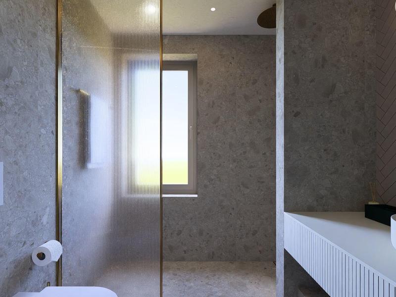 Moderne badkamer met inloopdouche, witte wastafel en raam.