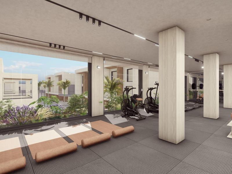 Moderne sportschool met grote ramen en uitzicht op een tuin met palmbomen.