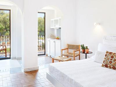 Lichte hotelkamer met tweepersoonsbed, houten stoel, planten en balkon met zeezicht.