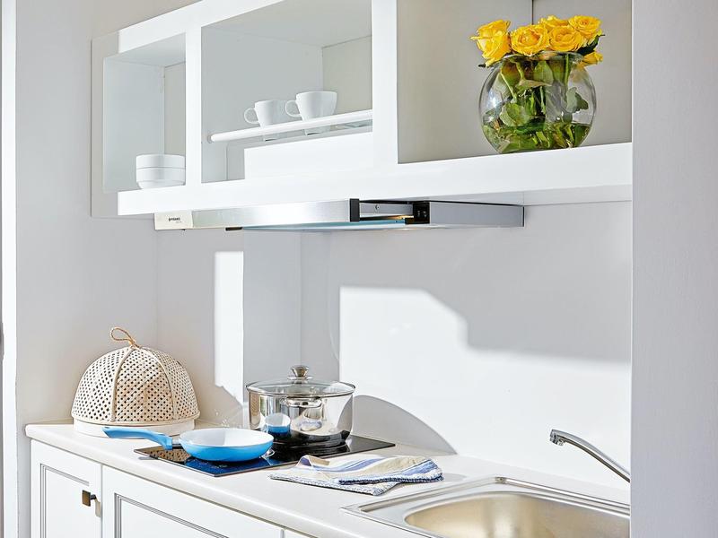 Moderne keuken met fornuis, afzuigkap, gootsteen en bloemen in een vakantiehotel.