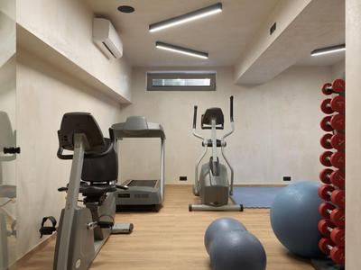 Malá posilovna s kardio přístroji, gymnastickými míči a činkami v světlém prostoru.