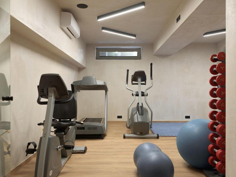 Malá posilovna s rotopedem, běžeckým pásem, veslovacím trenažérem, činkami a gymnastickými míči.