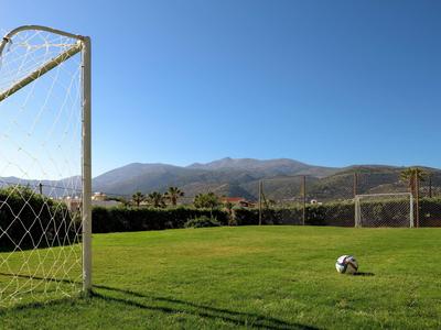 Terrain de football vert avec but et ballon devant des montagnes sous un ciel bleu clair.