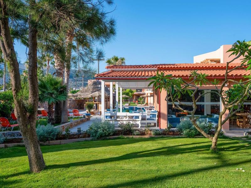 Słoneczny ogród z zieloną trawą, drzewami i patio przy domu z dachówką ceramiczną.