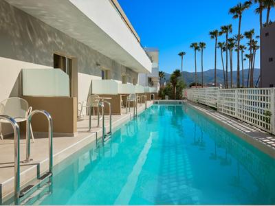 A narrow outdoor pool at a hotel with white walls and palm trees in the background.