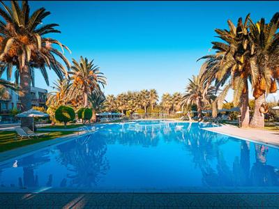 Grande piscina circondata da palme sotto un cielo azzurro limpido in un resort.