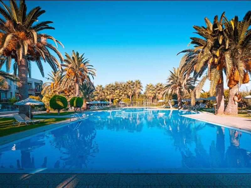 Duży basen na świeżym powietrzu z palmami i niebieskim niebem w ośrodku hotelowym.