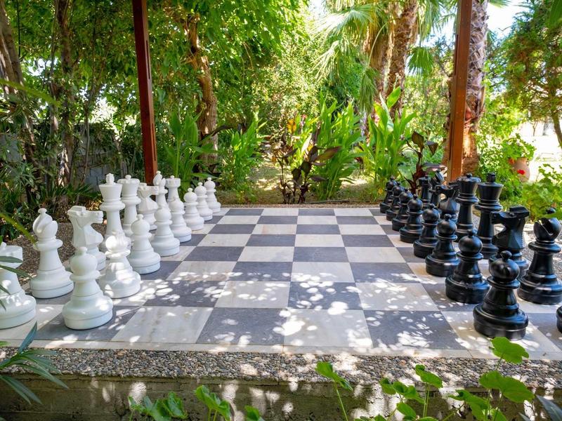 Duża zewnętrzna szachownica wśród bujnej zieleni i drzew.