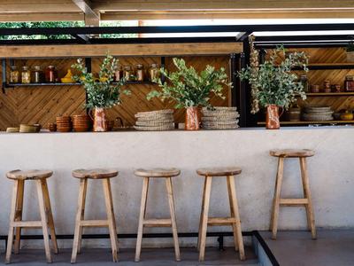 Area bar con cinque sgabelli in legno e piante decorative sul bancone.