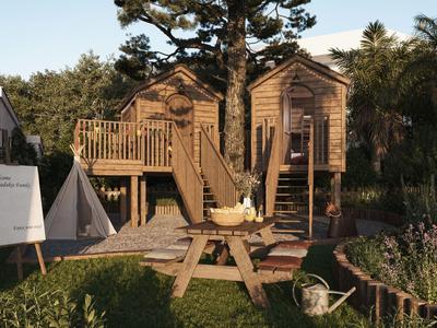 Piccole cabine in legno con terrazza e giardino, circondate da alberi e piante.