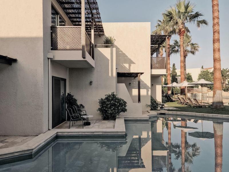 Nowoczesny basen hotelowy z leżakami i palmami w spokojny, jasny dzień.