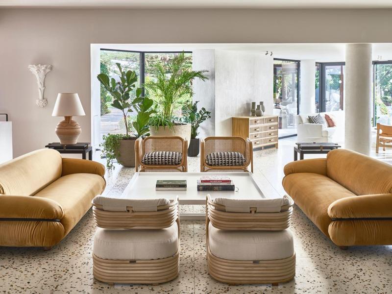 Jasny salon z dwoma beżowymi sofami, fotelami i dużymi roślinami przy oknach od podłogi do sufitu.