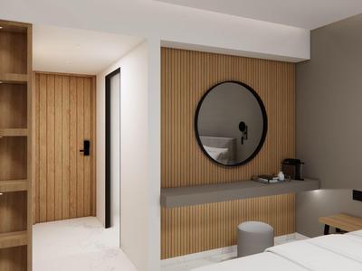 Modern hotelkamer met eenvoudig houtdesign, ronde spiegel en warme verlichtingsarmaturen.