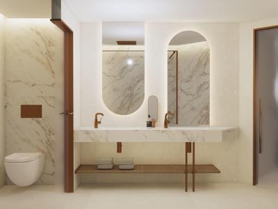 Moderne hotelbadkamer met dubbele wastafels, ovale spiegels en wandtoilet