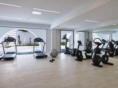 Gimnasio moderno con cintas de correr, bicicletas y equipo fitness junto a grandes ventanas.