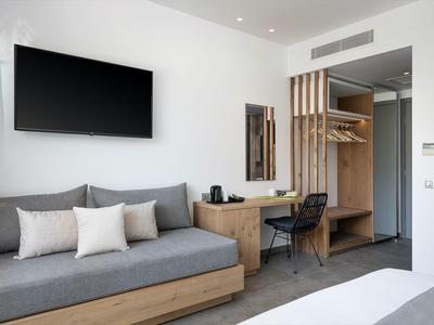 Camera d'hotel moderna con divano grigio, TV a parete e guardaroba aperto in legno