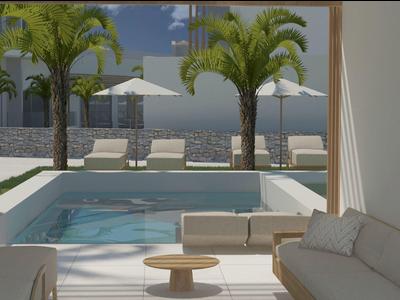 Area esterna moderna con piscina, palme e lounge accogliente sotto ombrelloni.