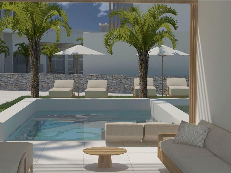 Area esterna moderna con piscina, palme e lounge accogliente sotto ombrelloni.