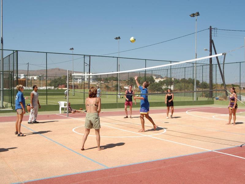 Gruppo di persone che gioca a pallavolo su un campo all'aperto con bel tempo.