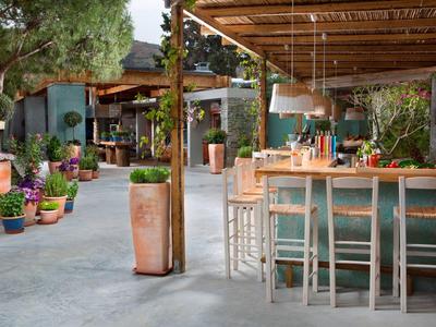 Otwarta część baru z drewnianymi meblami, roślinami i naturalnym otoczeniem w hotelu.