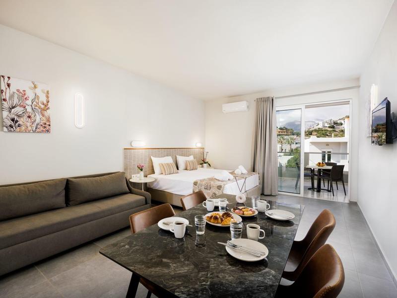 Camera d'hotel moderna con letto, divano, zona pranzo e balcone con vista sul giardino