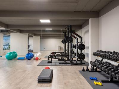 Vista de un gimnasio moderno con pesas, colchonetas y pelotas de gimnasio.