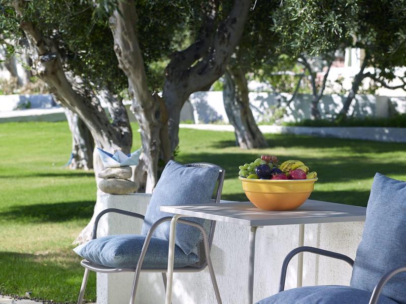 Une table ronde en pierre avec deux chaises et des coussins bleus sous des arbres sur une pelouse verte.