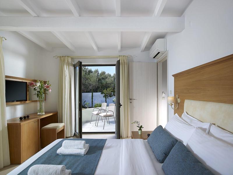 Chambre d'hôtel lumineuse avec lit double, télévision, meubles en bois et accès à une terrasse avec vue sur la verdure.