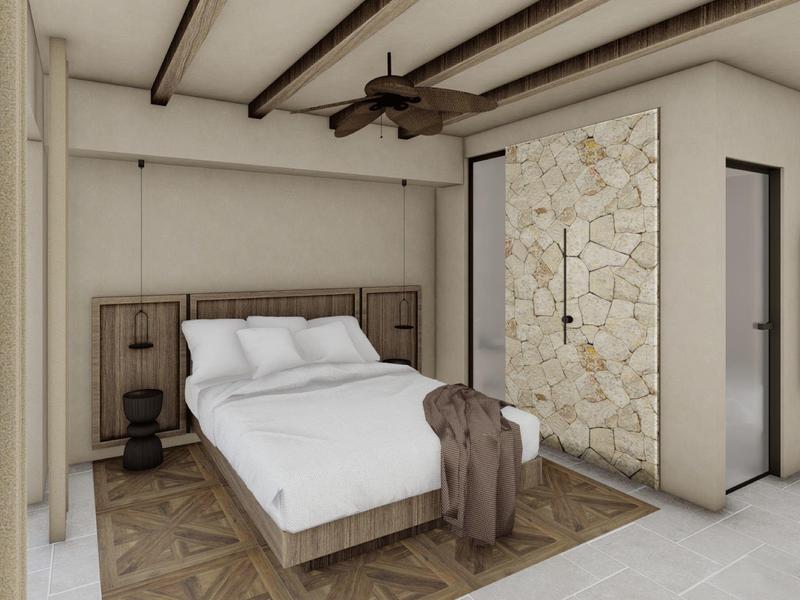 Chambre d'hôtel moderne avec lit double, ventilateur de plafond et douche moderne avec paroi en verre