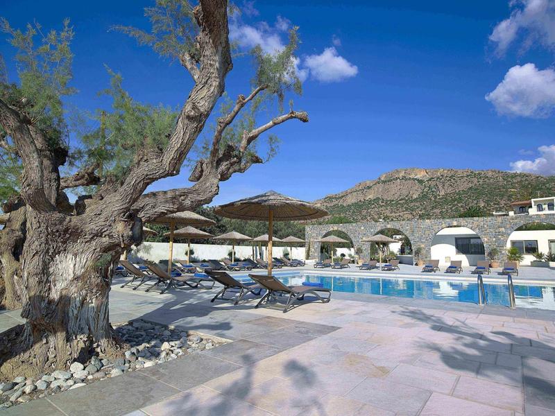 Espace piscine avec transats et parasols à côté d'un grand arbre et des montagnes en arrière-plan.