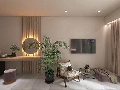 Modernes Wohnzimmer mit hellem Holz, Pflanzen, gemütlichem Sessel und großem Fenster mit Vorhängen.