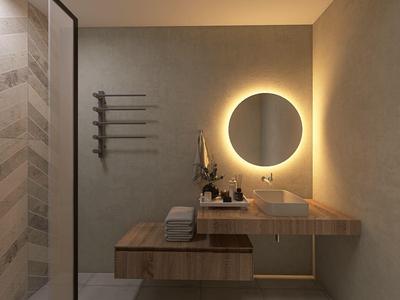 Modernes Badezimmer mit beleuchtetem runden Spiegel, Holzregal und grauen Wänden.