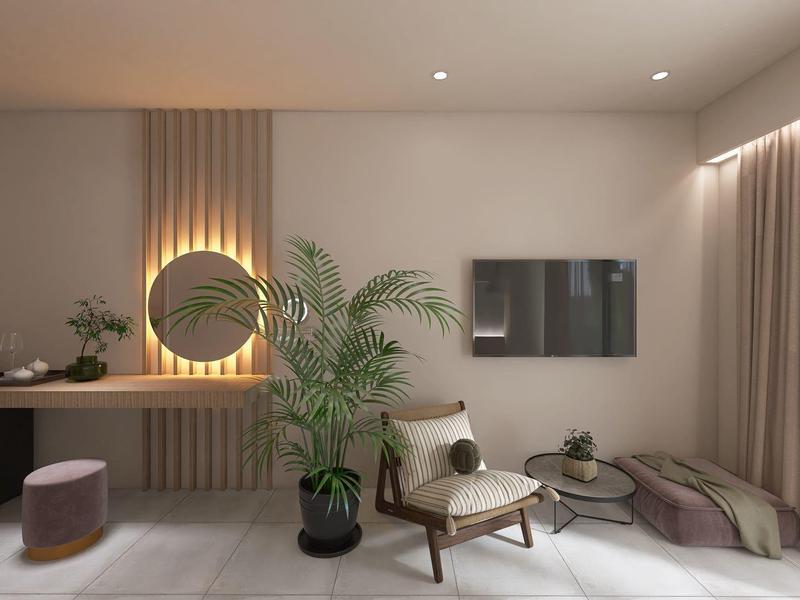 Modernes Wohnzimmer mit hellem Holz, Pflanzen, gemütlichem Sessel und großem Fenster mit Vorhängen.