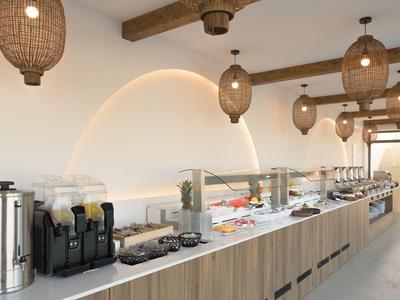 Moderne buffetplek in een lichte ruimte met houten balken en warme verlichting, ideaal voor hotels.