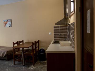 Küchenzeile mit Spüle, Kaminofen, Esstisch mit vier Stühlen und einem Bett in einem schlichten Raum.