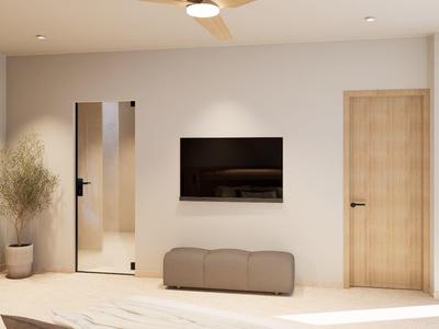 Moderner, heller Flur mit Holztüren, Spiegel, Fernseher und Sitzbank in neutralen Farben.