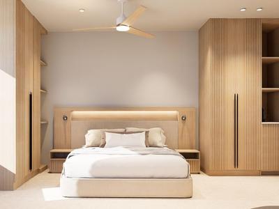 Modernes, helles Schlafzimmer mit großem Bett und Holzschränken.