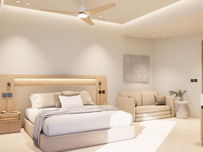 Helles Hotelzimmer mit Doppelbett, Sofa und Deckenventilator in modernem Design.