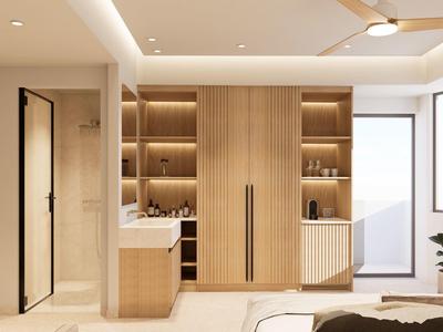 Modernes Hotelzimmer mit Holzkleiderschrank, Beleuchtung und offenem Badbereich.