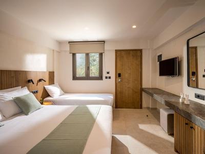 Chambre d'hôtel moderne avec deux lits, meubles en bois et télévision murale.