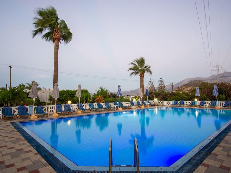 Obdélníkový bazén s modrým osvětlením obklopený lehátky a palmami za soumraku.