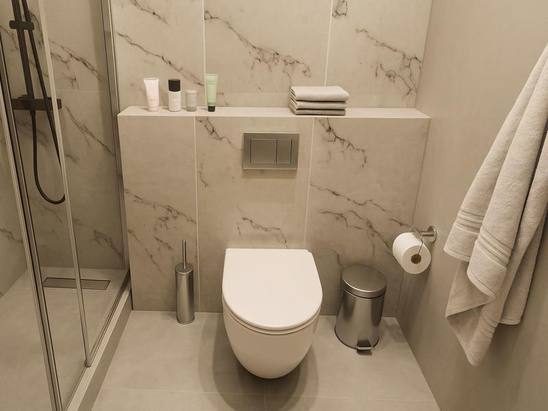 Moderne badkamer met wandgemonteerd toilet, marmeren tegels en douchecabine in neutrale tinten.