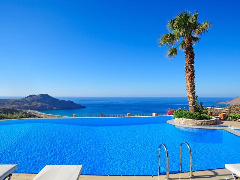 Piscina a sfioro con vista sul mare e una palma sotto un cielo azzurro limpido