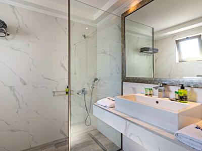 Moderner, heller Badezimmerbereich mit rechteckigem Waschbecken, Glasdusche und großem Wandspiegel.