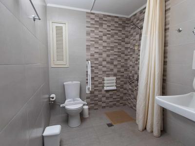 Bagno accessibile con WC, doccia, tenda e lavabo in tonalità neutre.